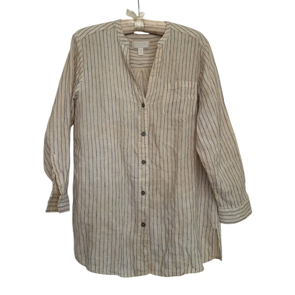 The White Company White Label Linen Blue Striped‎ Tunic Shirt Womens 2 Lagenlook